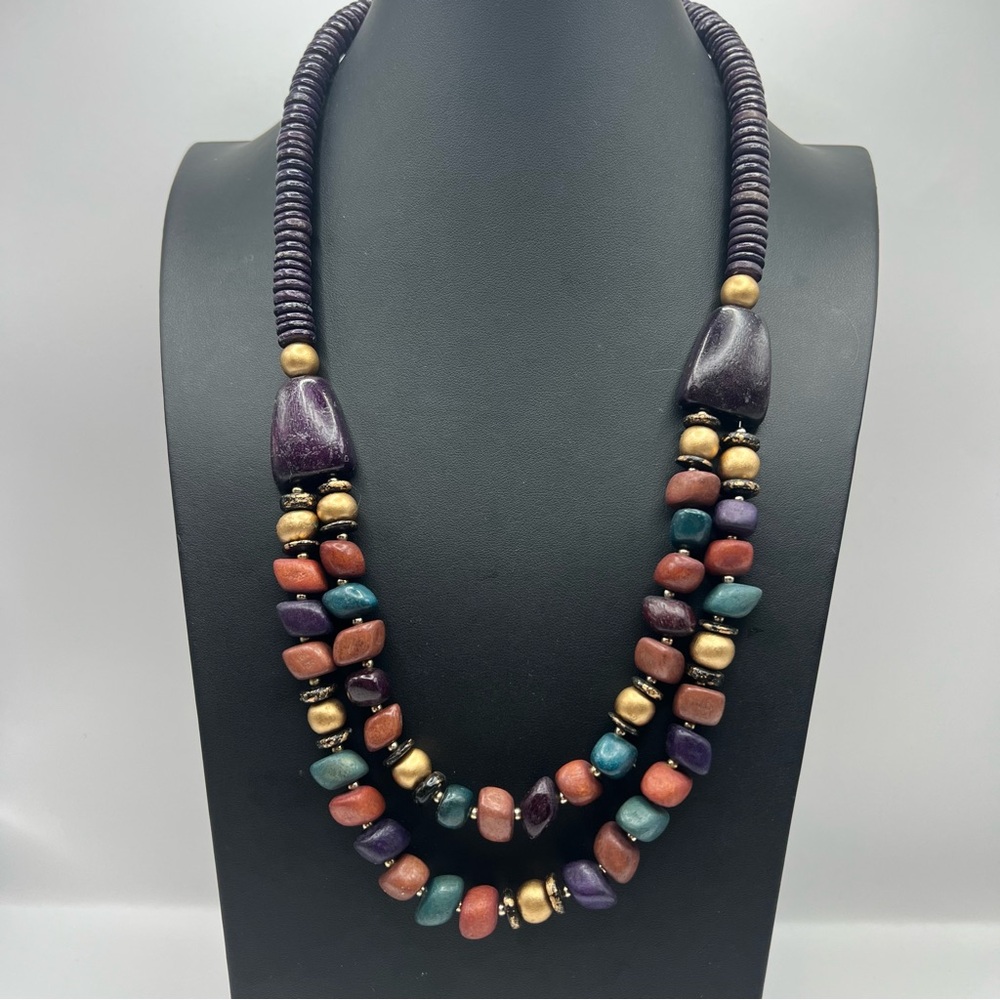 Unsigned Two Sisters Vintage Eclectic Colorful Wood Two Strand Necklace